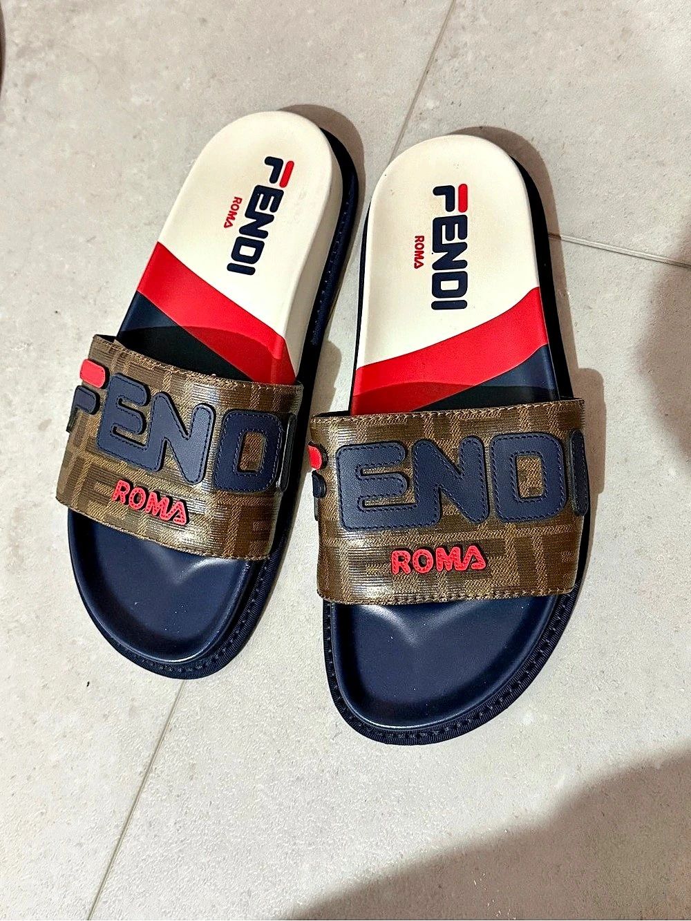 Fendi x Fila Mania FF Logo Slide Sandals Brown & Blue